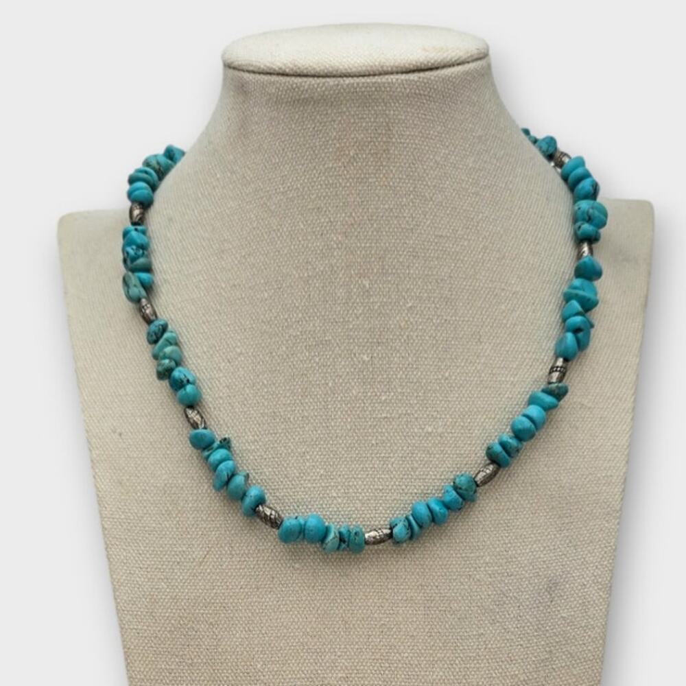 Turquoise Nugget Silver Accents Beads Southwestern Necklace